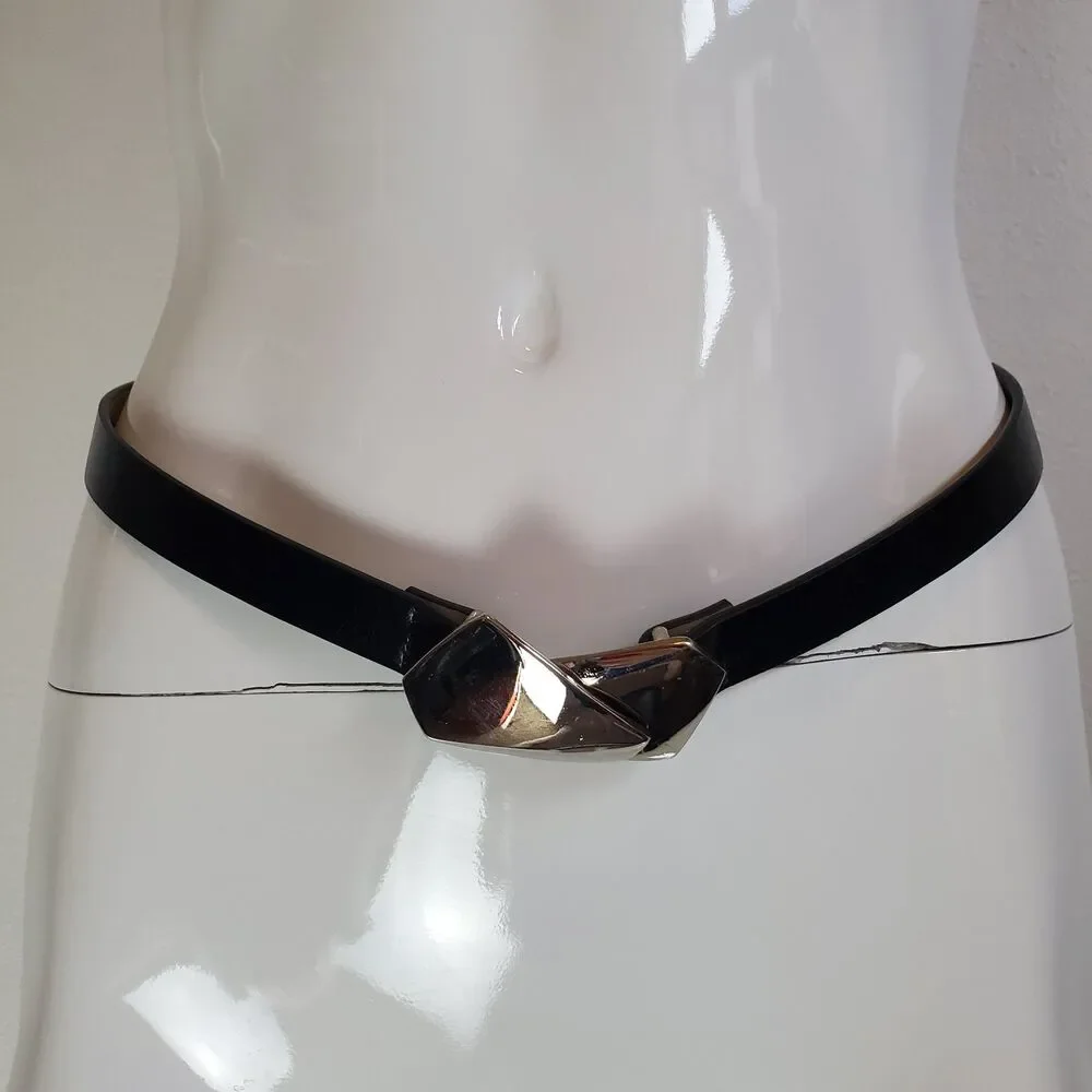 Vintage 80s Silver Buckle Black Belt